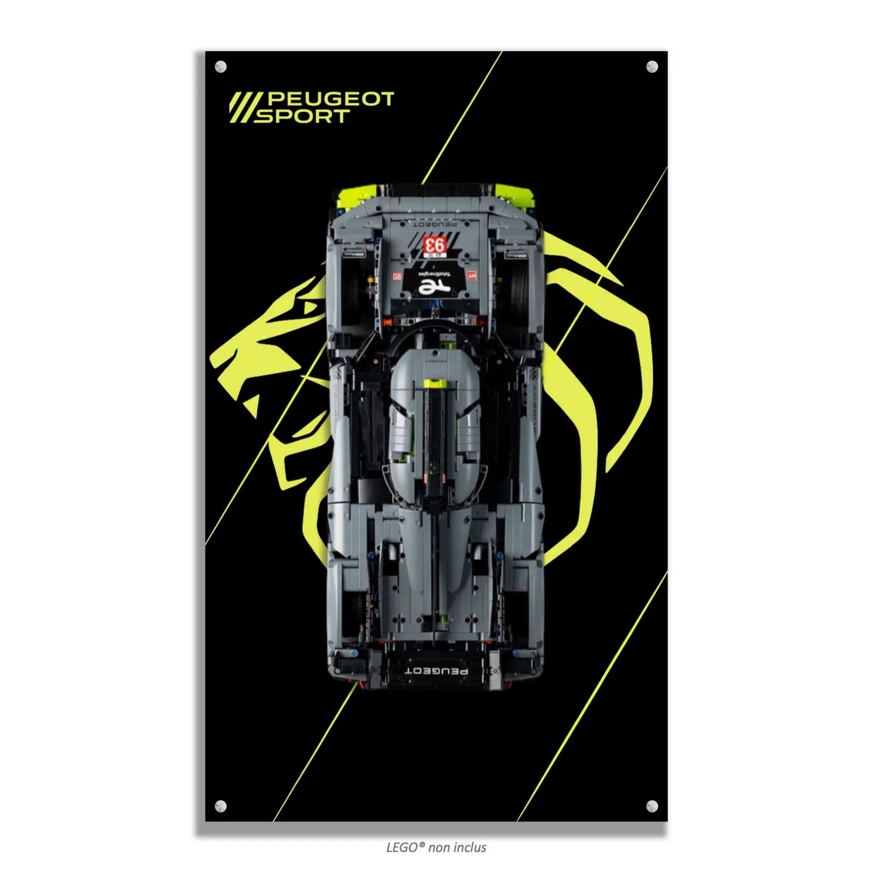 Peugeot 9X8 LEGO 42156 – Style Lion Géant, finition Cadre aluminium noir – Variante fond noir avec grand lion en filigrane et logo Peugeot Sport, sans vis apparentes – Tableau mural aluminium Kadris