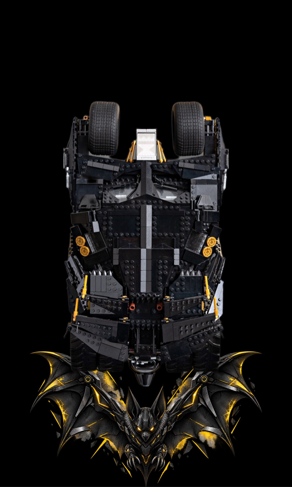 Batmobile Tumbler LEGO® 76240 – Style L’Heure Sombre – Vue de face, set en place – Tableau mural aluminium Kadris®
