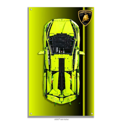 Lamborghini Sián FKP 37 LEGO 42115 – Style Dégradé Vert Fluo Logo Lamborghini, finition Entretoises – Vue de face avec vis aux 4 coins – Tableau mural aluminium Kadris