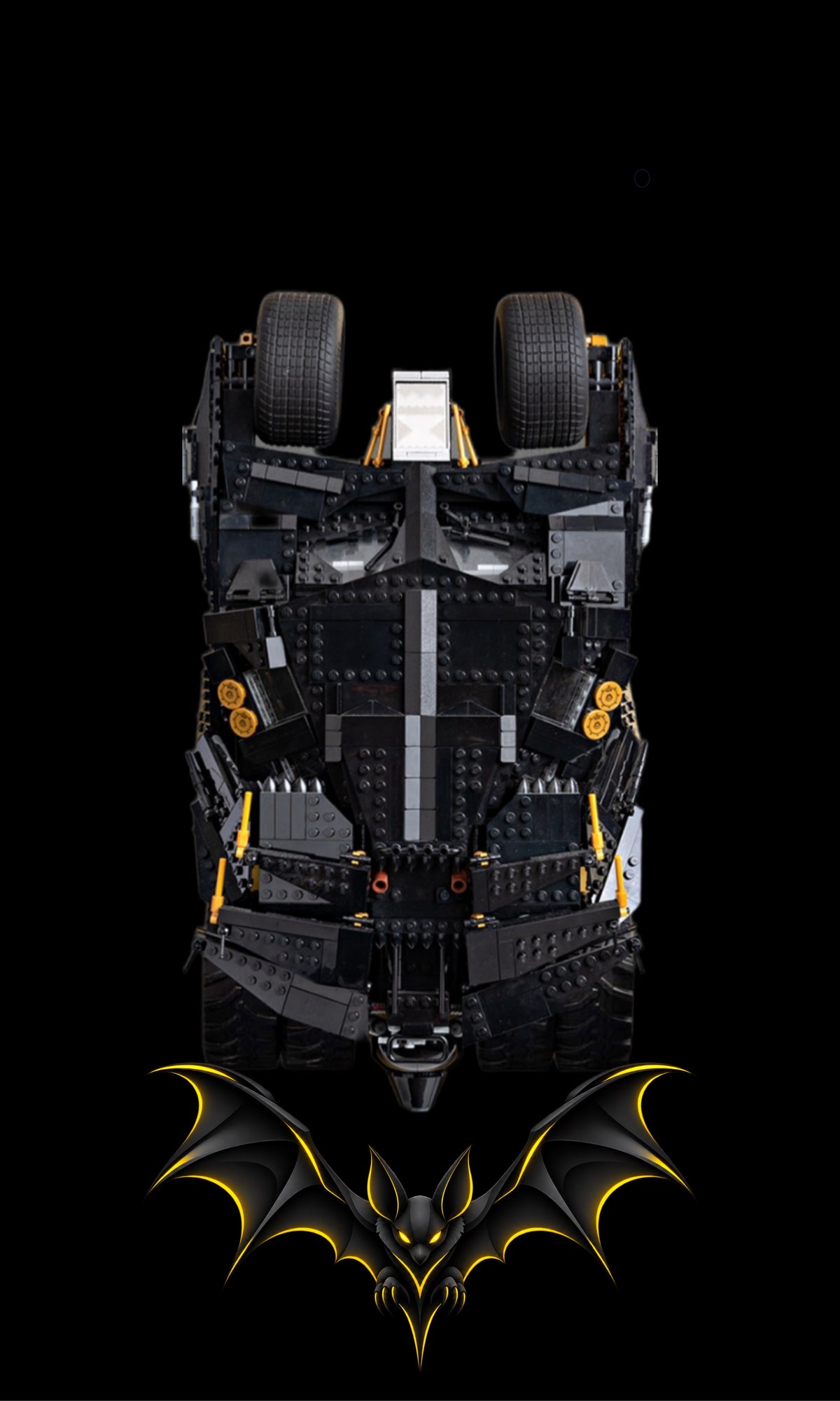 Batmobile Tumbler LEGO® 76240 – Style SILENT WINGS – Vue de face, set en place – Tableau mural aluminium Kadris®