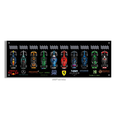 F1 LEGO Speed Champion x10 – Tableau panoramique – Style Fond Noir Texte Couleur, finition Entretoises – Fond noir uni avec logos en couleurs d'écurie, vis aux 4 coins – Tableau mural aluminium Kadris