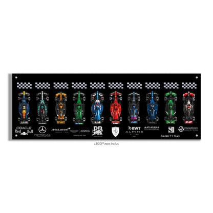 F1 LEGO Speed Champion x10 – Tableau panoramique – Style Fond Noir Texte Gris, finition Entretoises – Fond noir uni avec logos en gris, vis aux 4 coins – Tableau mural aluminium Kadris