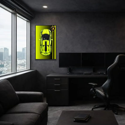 Lamborghini Sián FKP 37 LEGO 42115 – Style Dégradé Vert Fluo Logo Lamborghini – Photo installée au mur dans un bureau gaming – Tableau mural aluminium Kadris