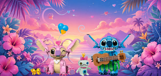 Stitch et Angel LEGO® 43296 et 43257 – Décor Tropical Sunset – Set en place dans le meuble – Fond de meuble aluminium Kadris®