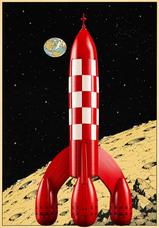 La fusée de Tintin LEGO® 21367 – Décor Lune vintage – Set LEGO® en place dans le meuble – Fond de meuble aluminium Kadris®