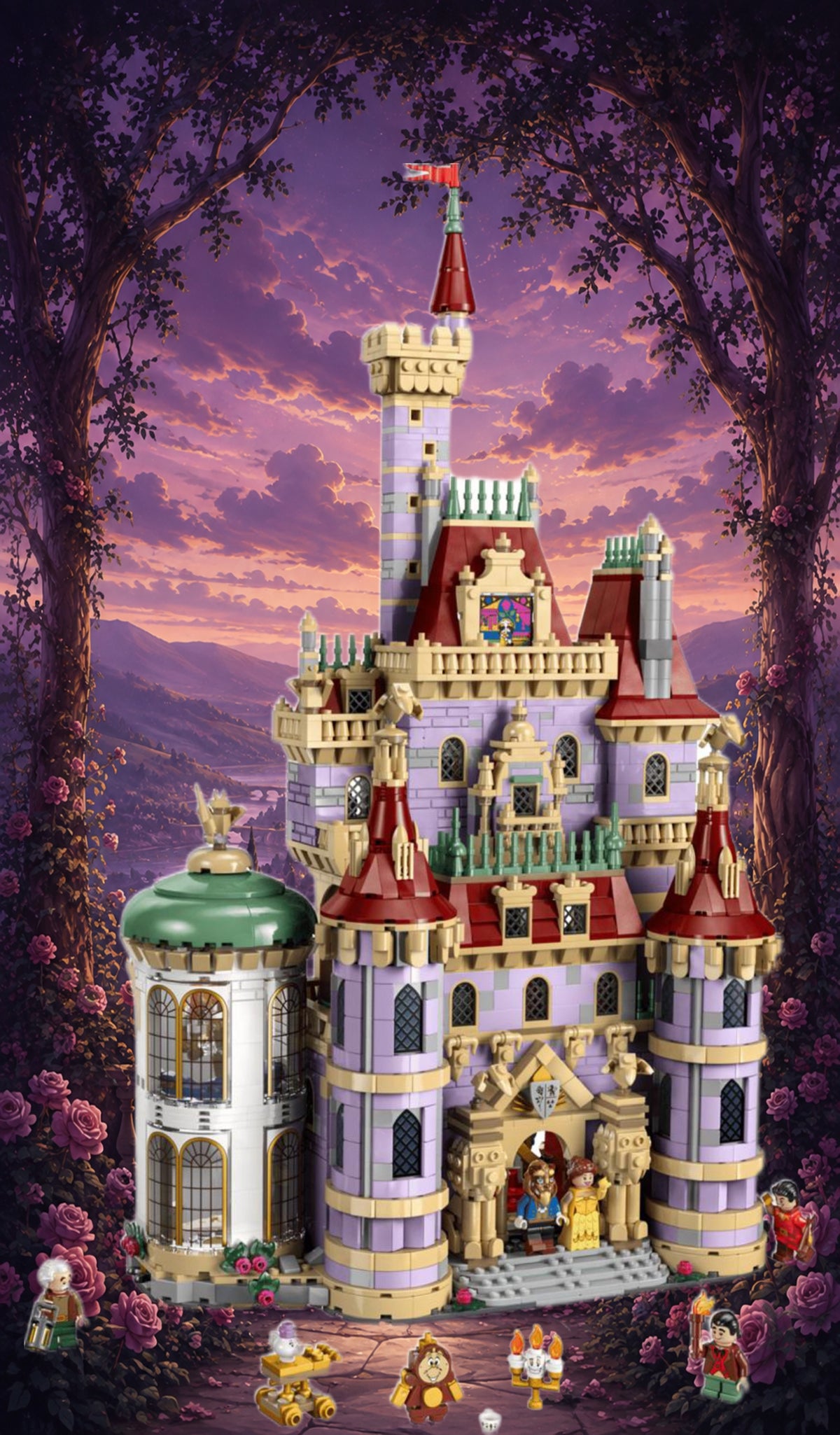 Château de la Belle et la Bête LEGO® 43196 – Décor Vallée aux roses – Set en place – Fond de meuble aluminium Kadris®