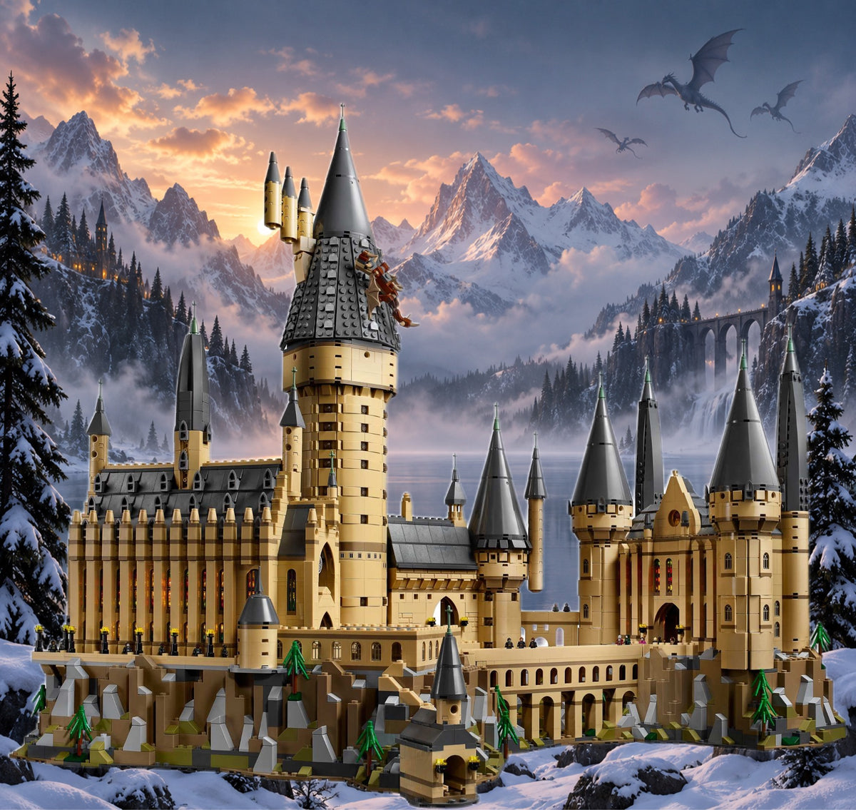Château de Poudlard LEGO® 71043 – Décor L’Aube des Cimes – Set en place dans le meuble – Fond de meuble aluminium Kadris®