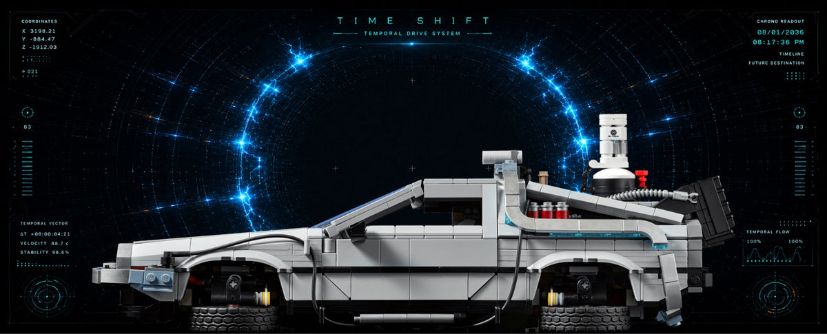 DeLorean LEGO® 10300 – Décor Time Shift – Set LEGO® en place dans un IKEA® Pax 50 – Fond de meuble aluminium Kadris®
