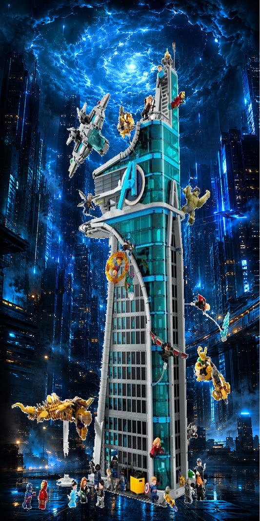 Tour des Avengers LEGO® 76269 – Décor Blue City – Set LEGO® en place dans le meuble – Fond de meuble aluminium Kadris®