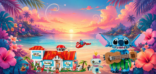 Lilo et Stitch LEGO® 43268 et 43296 – Décor Coucher de soleil tropical – Set en place – Fond de meuble aluminium Kadris®
