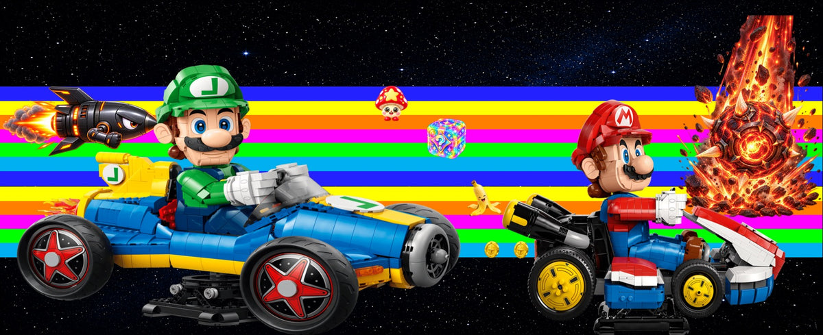 Mario Kart LEGO® 72037 et 72050 – Décor Rainbow Race – Set LEGO® en place dans le meuble – Fond de meuble aluminium Kadris®