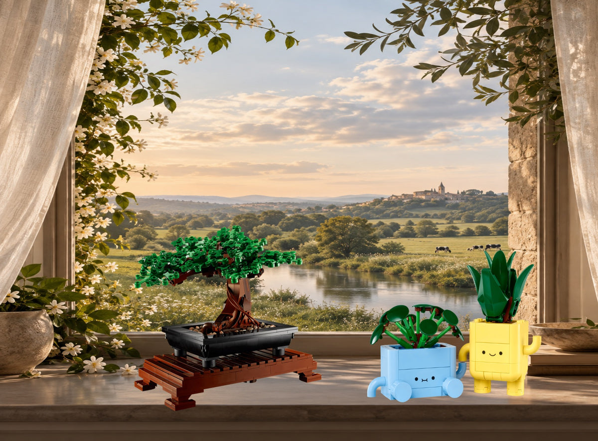 Botanicals plantes LEGO® 11512 et 10311 – Décor Vallée d’Or – Autre vue du set en place – Fond de meuble aluminium Kadris®