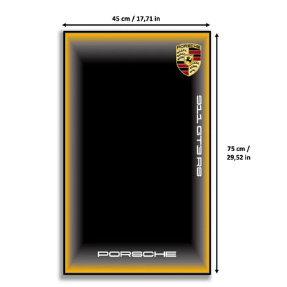 Porsche 911 GT3 RS LEGO 42056 – Style Vignette Dorée – Visuel des dimensions 45x75cm – Tableau mural aluminium Kadris