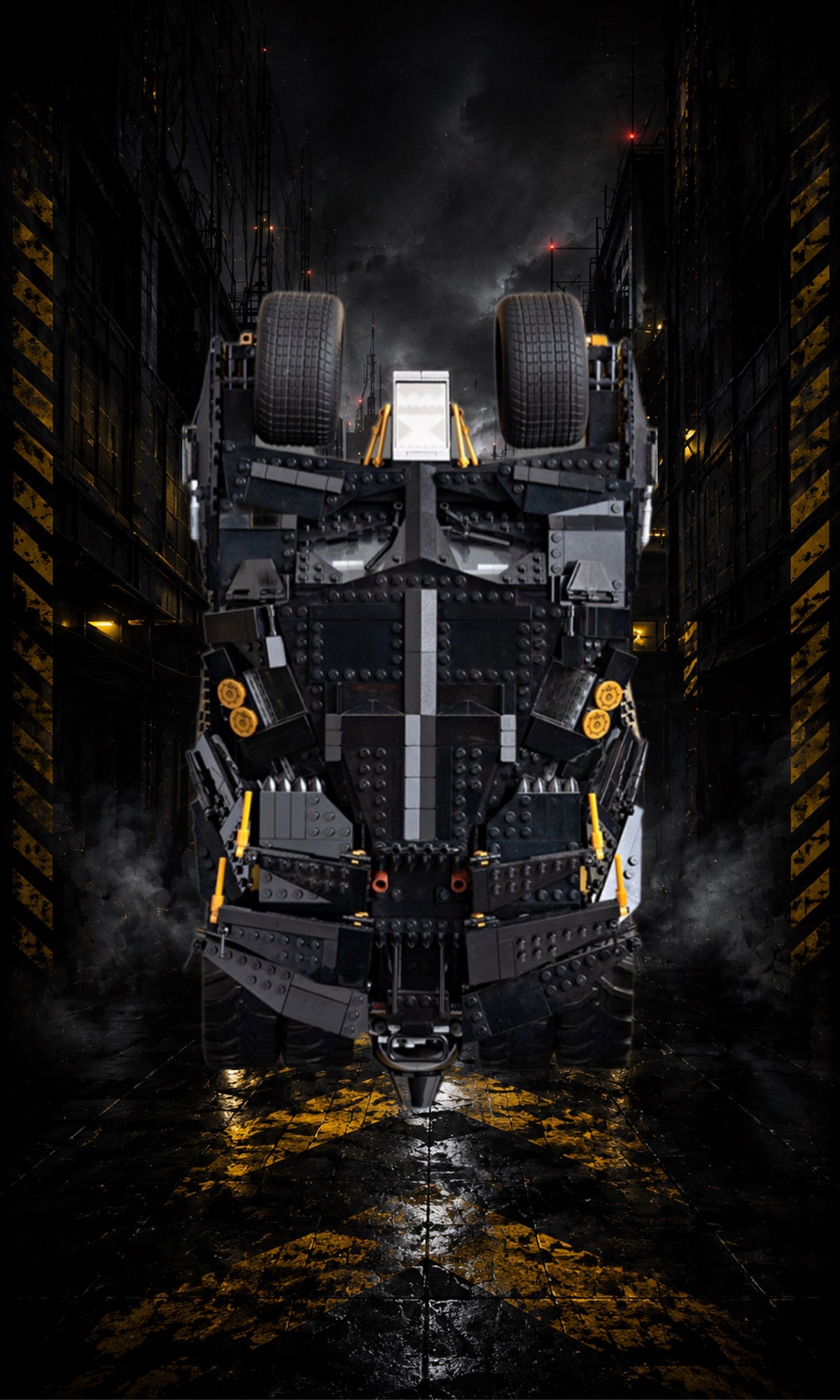 Batmobile Tumbler LEGO® 76240 – Style Le Passage Écarlate – Vue de face, set en place – Tableau mural aluminium Kadris®