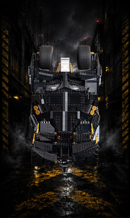 Batmobile Tumbler LEGO® 76240 – Style Le Passage Écarlate – Vue de face, set en place – Tableau mural aluminium Kadris®
