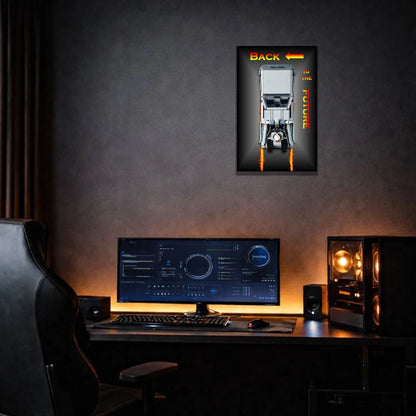 DeLorean Retour vers le Futur LEGO 10300 – Style Flammes Texte Diagonal – Photo installée au mur dans un bureau gaming – Tableau mural aluminium Kadris