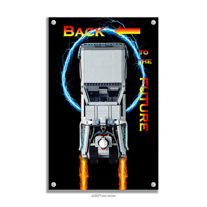 DeLorean Retour vers le Futur LEGO 10300 – Style Halo Électrique Fond Noir, finition Entretoises – Vue de face avec vis aux 4 coins – Tableau mural aluminium Kadris
