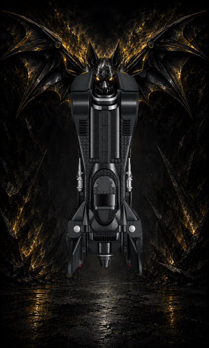 Batmobile LEGO® 76355 – Style Le Gardien d’Or – Vue de face, set en place – Tableau mural aluminium Kadris®