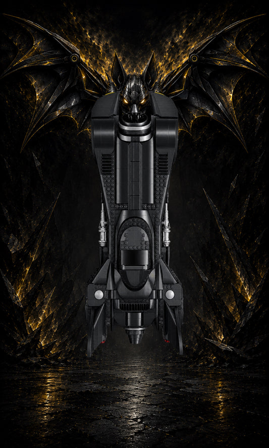 Batmobile LEGO® 76355 – Style Le Gardien d’Or – Vue de face, set en place – Tableau mural aluminium Kadris®