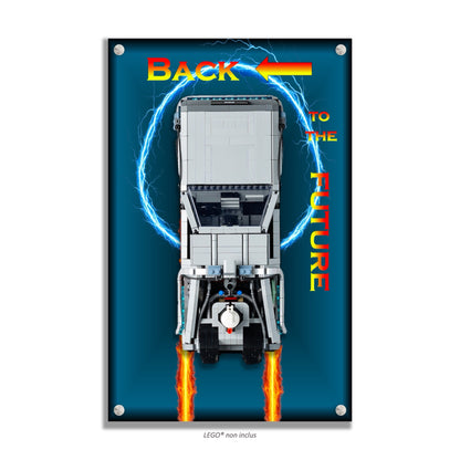 DeLorean Retour vers le Futur LEGO 10300 – Style Halo Électrique Fond Bleu Profond, finition Entretoises – Vue de face avec vis aux 4 coins – Tableau mural aluminium Kadris