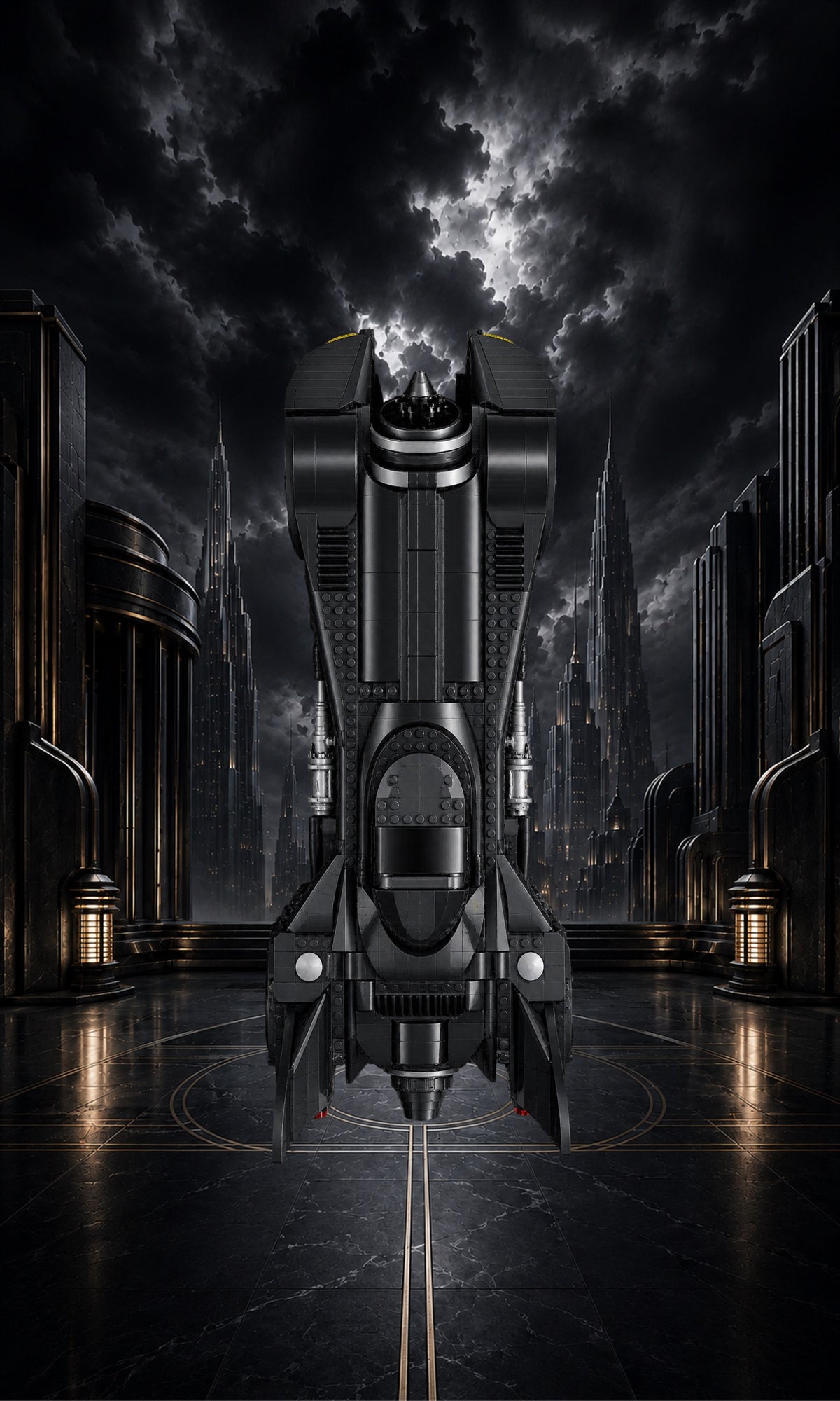 Batmobile LEGO® 76355 – Style L’Heure Sombre – Vue de face, set en place – Tableau mural aluminium Kadris®