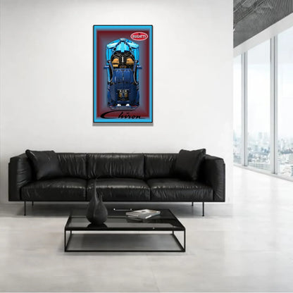 Bugatti Chiron LEGO 42083 – Style Bordeaux Vignette – Photo installée au mur dans un salon moderne – Tableau mural aluminium Kadris