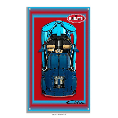 Bugatti Chiron LEGO 42083 – Style Rouge Cadre Bleu, finition Entretoises – Fond rouge plein avec double bordure bleu et rouge, vis aux 4 coins – Tableau mural aluminium Kadris