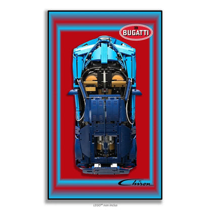 Bugatti Chiron LEGO 42083 – Style Rouge Cadre Bleu, finition Cadre aluminium noir – Fond rouge plein avec double bordure bleu et rouge, sans vis apparentes – Tableau mural aluminium Kadris