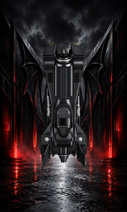 Batmobile LEGO® 76355 – Style Le Passage Écarlate – Vue principale, set en place – Tableau mural aluminium Kadris®