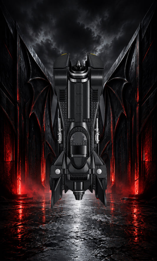 Batmobile LEGO® 76355 – Style Le Passage Écarlate – Vue principale, set en place – Tableau mural aluminium Kadris®