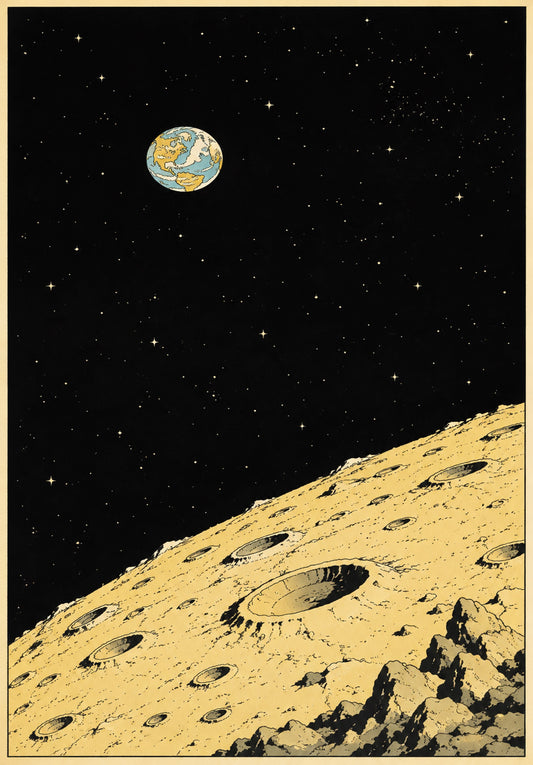 La fusée de Tintin LEGO® 21367 – Décor Lune vintage – Visuel du décor seul, sans le set – Fond de meuble aluminium Kadris®