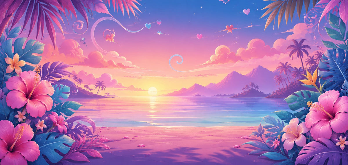 Stitch et Angel LEGO® 43296 et 43257 – Décor Tropical Sunset – Visuel du décor seul – Fond de meuble aluminium Kadris®