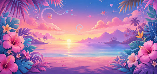 Stitch et Angel LEGO® 43296 et 43257 – Décor Tropical Sunset – Visuel du décor seul – Fond de meuble aluminium Kadris®