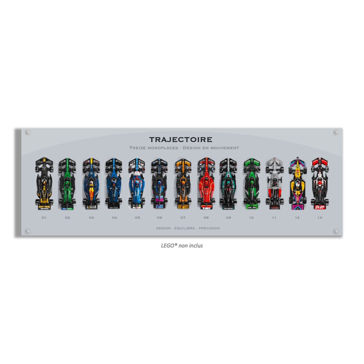 F1 Speed Champions 13 écuries LEGO® 77242-77259 – Style Trajectoire – Visuel des dimensions – Tableau mural aluminium Kadris®