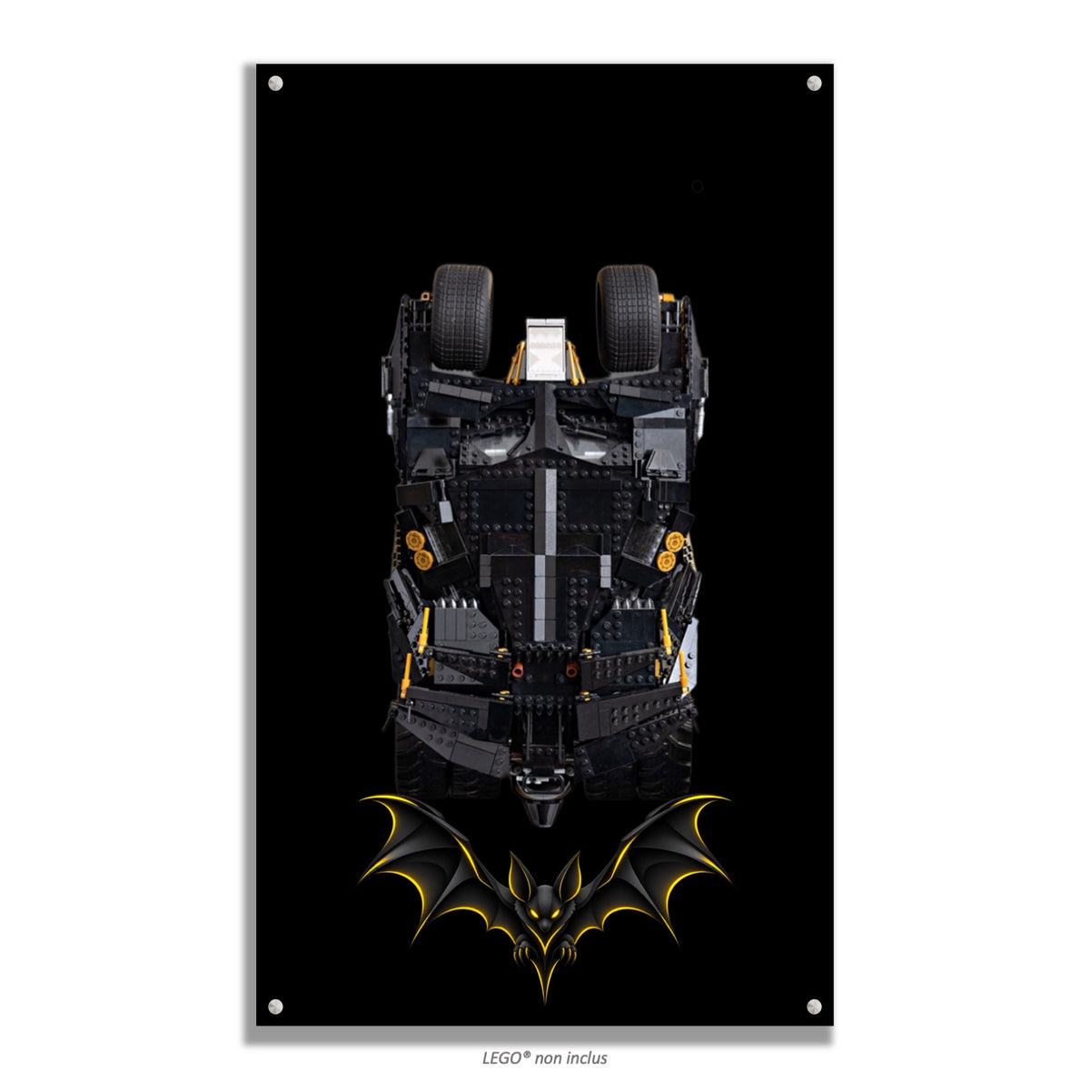 Batmobile Tumbler LEGO® 76240 – Style SILENT WINGS – Vue de face avec vis aux 4 coins – Tableau mural aluminium Kadris®
