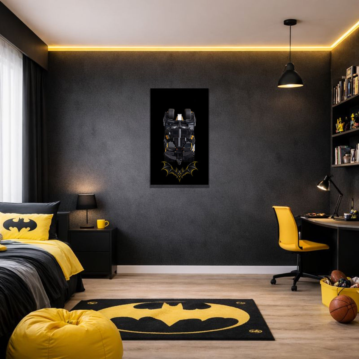 Batmobile Tumbler LEGO® 76240 – Style SILENT WINGS – Tableau en situation dans une pièce – Tableau mural aluminium Kadris®