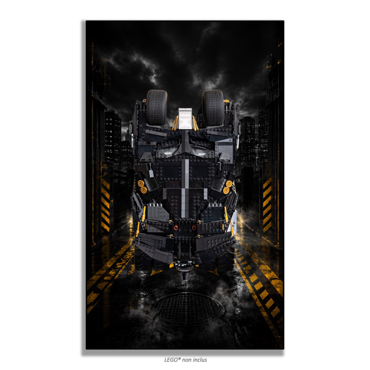 Batmobile Tumbler LEGO® 76240 – Style Le Gardien d’Or – Vue de face sans vis apparentes – Tableau mural aluminium Kadris®