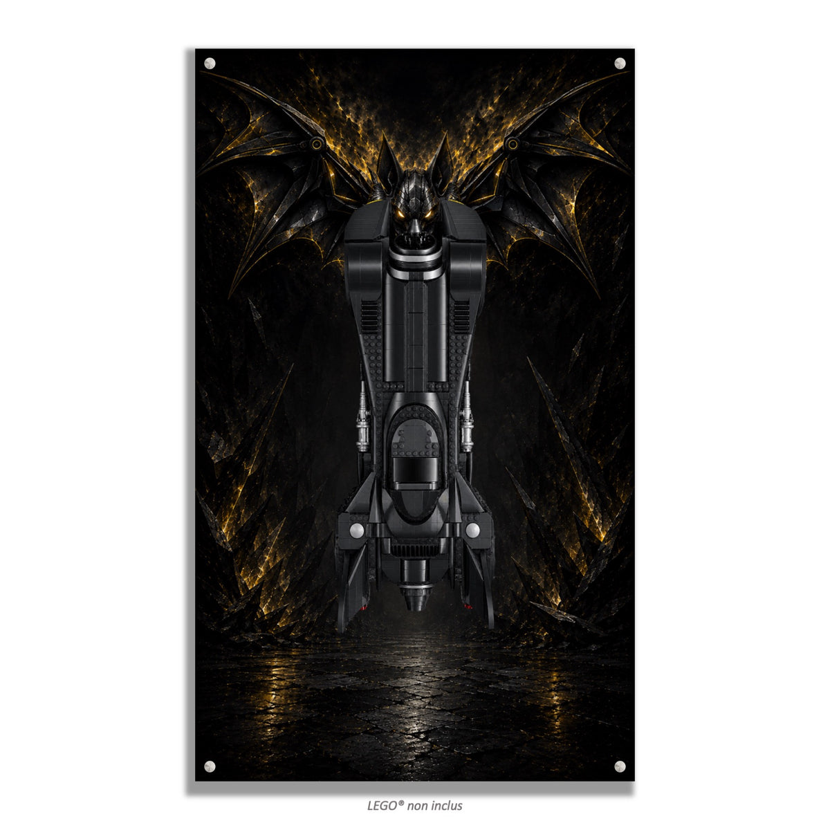 Batmobile LEGO® 76355 – Style Le Gardien d’Or – Vue de face avec vis aux 4 coins – Tableau mural aluminium Kadris®