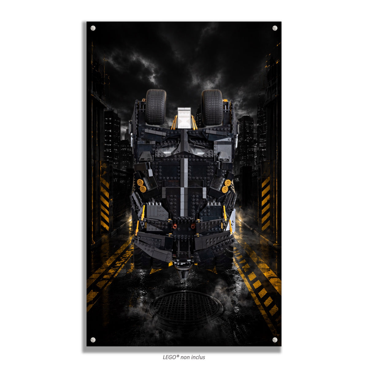 Batmobile Tumbler LEGO® 76240 – Style Le Gardien d’Or – Vue de face avec vis aux 4 coins – Tableau mural aluminium Kadris®