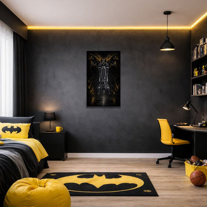 Batmobile LEGO® 76355 – Style Le Gardien d’Or – Tableau accroché au mur dans un intérieur – Tableau mural aluminium Kadris®