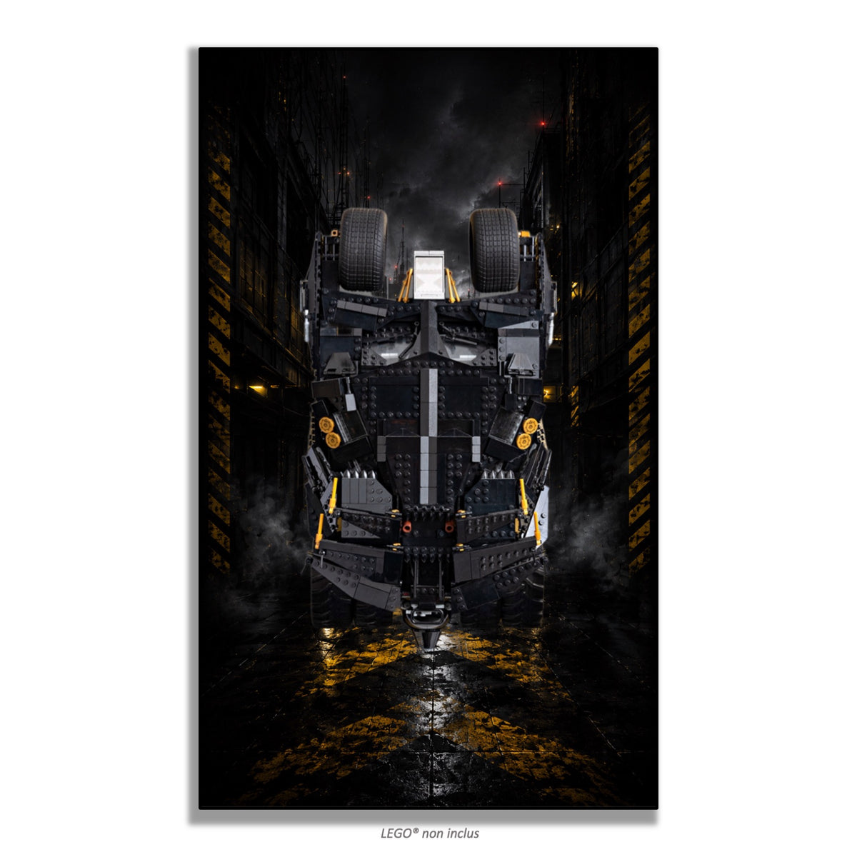 Batmobile Tumbler LEGO® 76240 – Style Le Passage Écarlate – Vue de face sans vis apparentes – Tableau mural aluminium Kadris®