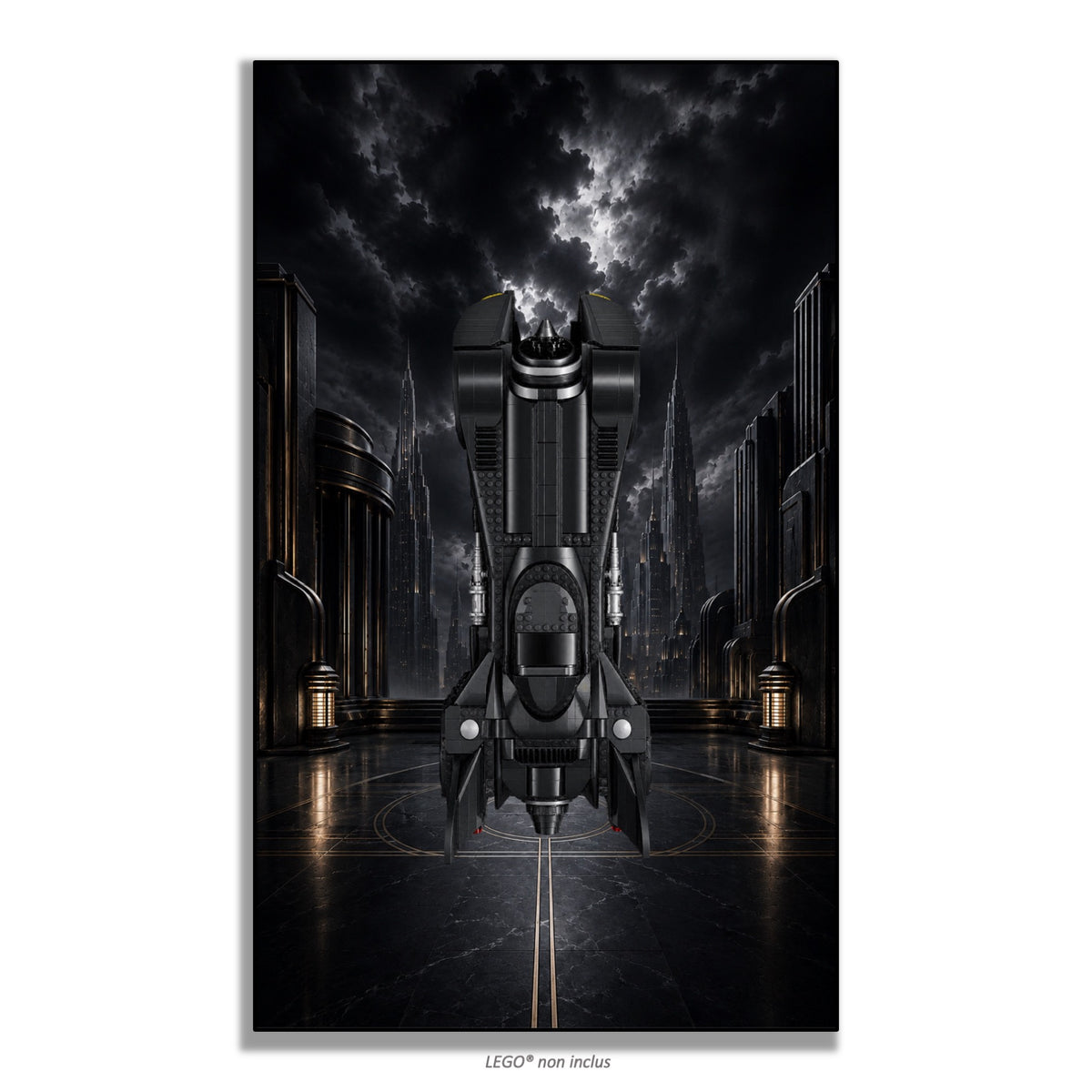 Batmobile LEGO® 76355 – Style Le Gardien d’Or – Vue de face sans vis apparentes – Tableau mural aluminium Kadris®