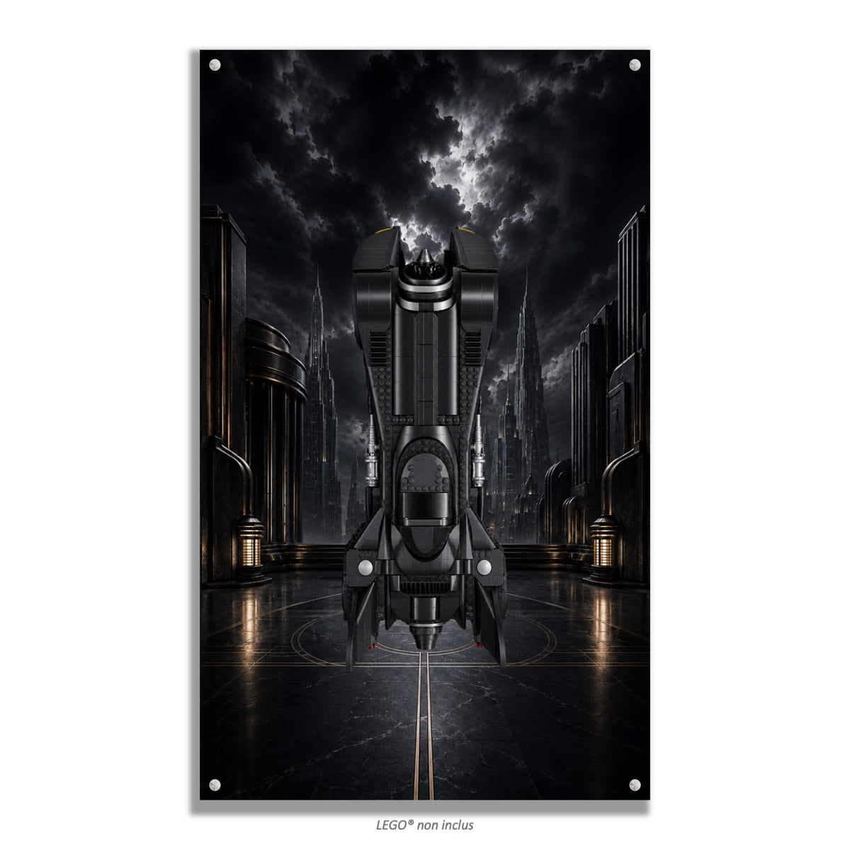 Batmobile LEGO® 76355 – Style L’Heure Sombre – Vue de face avec vis aux 4 coins – Tableau mural aluminium Kadris®