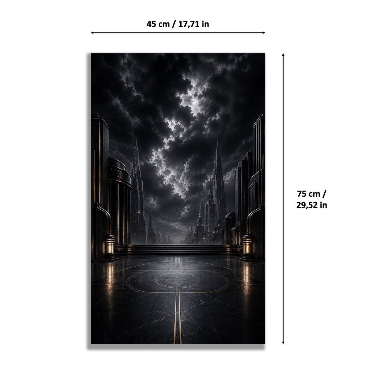 Batmobile LEGO® 76355 – Style L’Heure Sombre – Visuel des dimensions du tableau – Tableau mural aluminium Kadris®