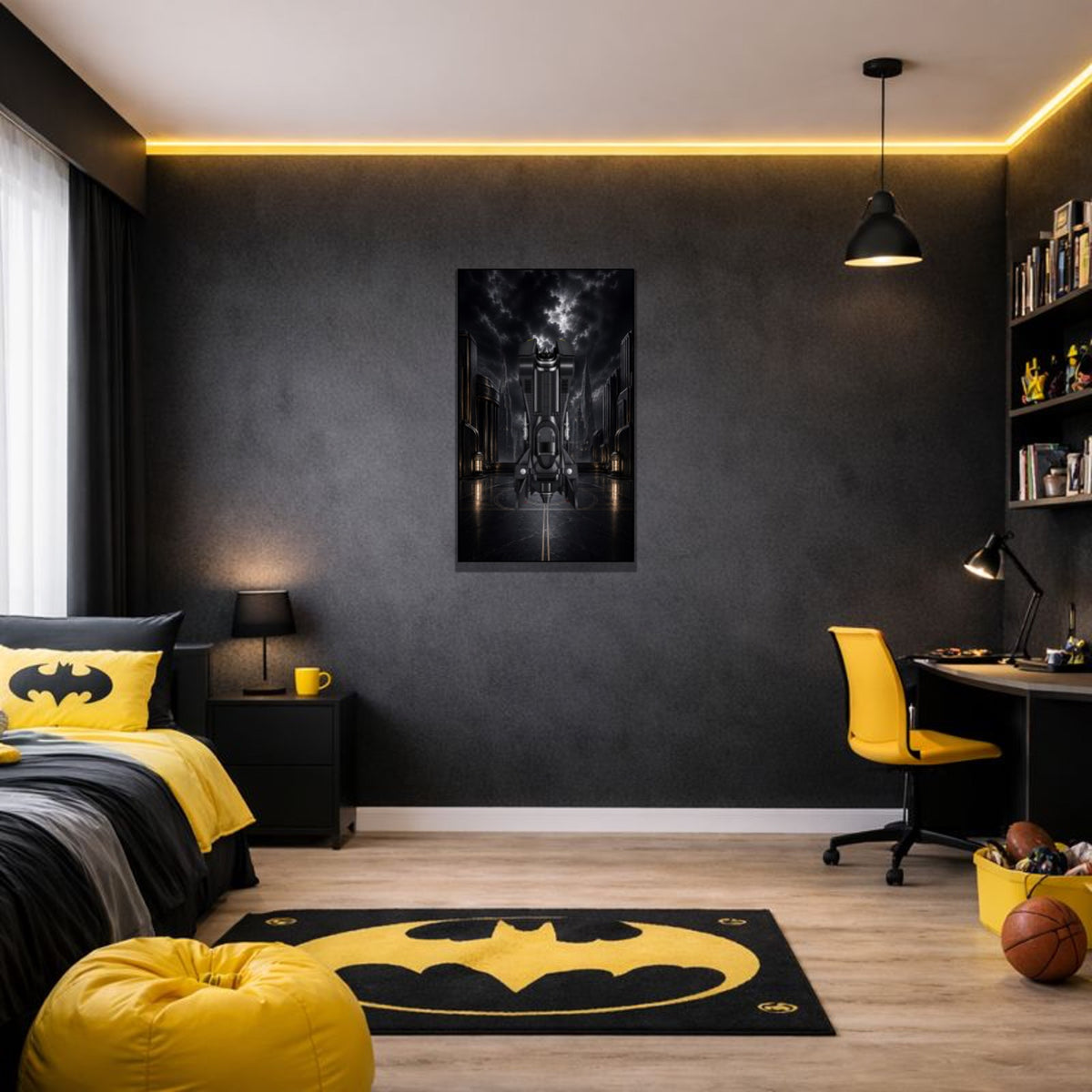 Batmobile LEGO® 76355 – Style L’Heure Sombre – Tableau accroché au mur dans un intérieur – Tableau mural aluminium Kadris®