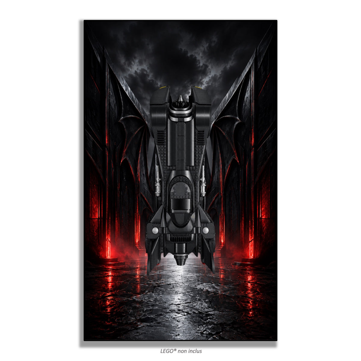Batmobile LEGO® 76355 – Style L’Heure Sombre – Vue de face sans vis apparentes – Tableau mural aluminium Kadris®