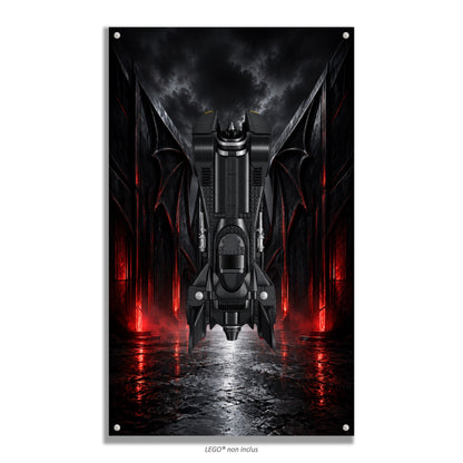Batmobile LEGO® 76355 – Style Le Passage Écarlate – Vue de face avec vis aux 4 coins – Tableau mural aluminium Kadris®