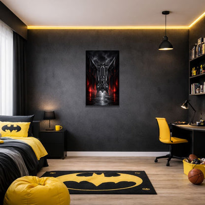 Batmobile LEGO® 76355 – Style Le Passage Écarlate – Vue d'ambiance, tableau installé au mur – Tableau mural aluminium Kadris®