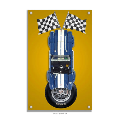 Shelby Cobra 427 S/C LEGO 10357 – Style Drapeaux Damier Grands Fond Jaune, finition Entretoises – Fond jaune avec grands drapeaux à damier et pneu Eagle, vis aux 4 coins – Tableau mural aluminium Kadris