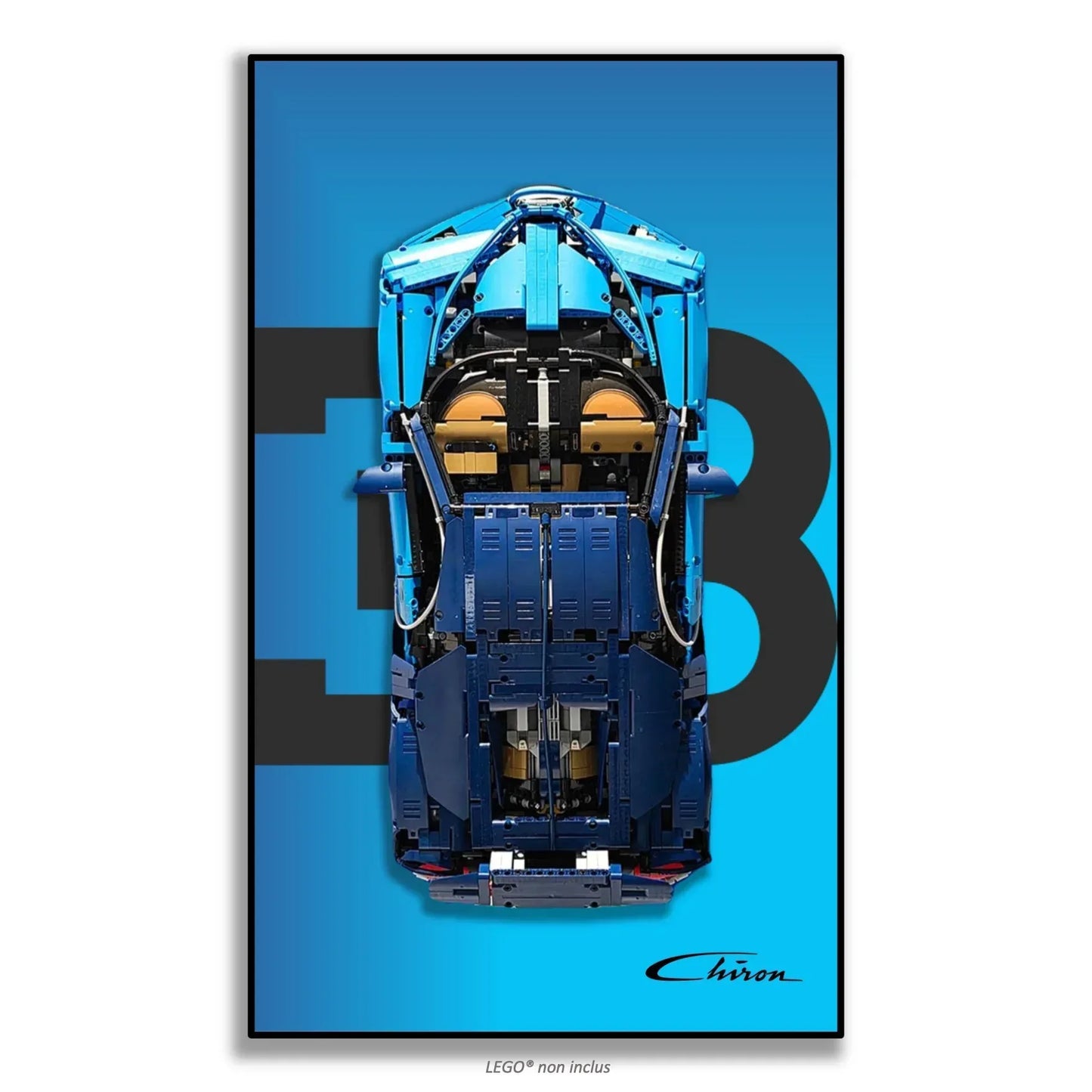 Bugatti Chiron LEGO 42083 – Style Bleu Monogramme variante signature, finition Cadre aluminium noir – Fond bleu avec monogramme EB et signature Chiron, sans vis apparentes – Tableau mural aluminium Kadris
